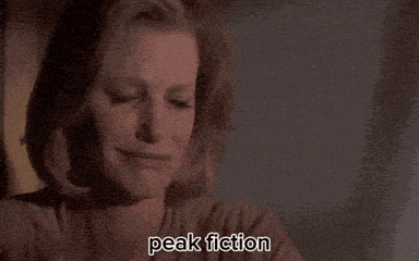 a woman with her eyes closed and the words peak fiction written below her