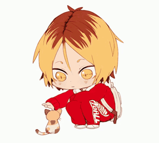 a chibi drawing of a person holding a cat with the word ball on the side of their pants