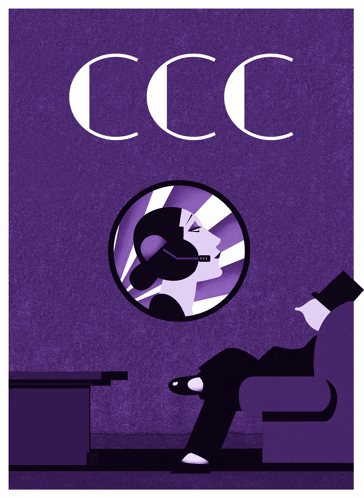 a purple poster with the letters ccc and a woman in a circle