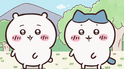 two cartoon cats are standing next to each other in a field with trees in the background