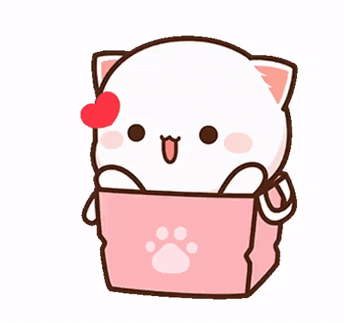 a cartoon cat is sitting in a pink box with a red heart above it .