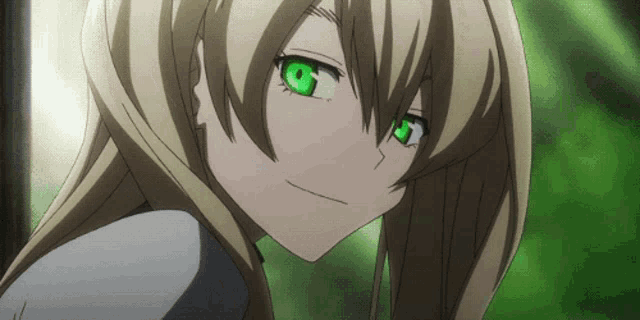 a blonde anime character with green eyes