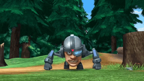 a cartoon character wearing a helmet and goggles is standing in a field