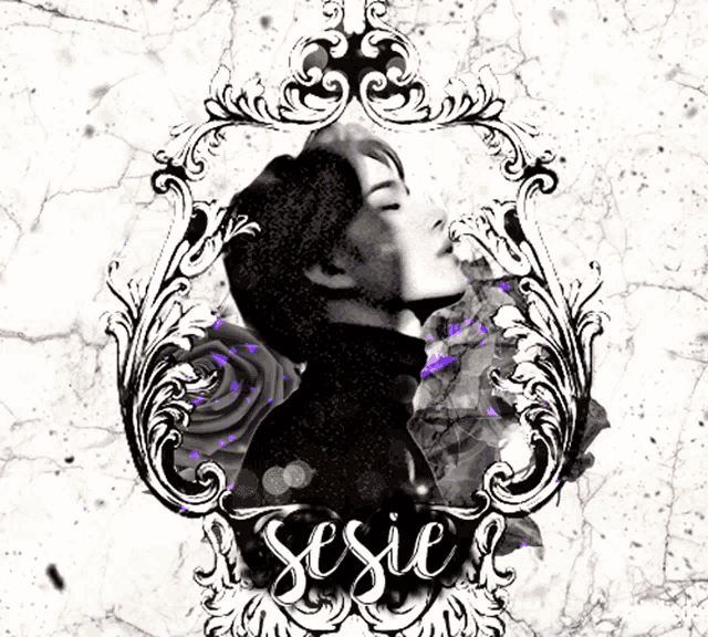 a black and white photo of a woman in a frame with the word sesie written on it