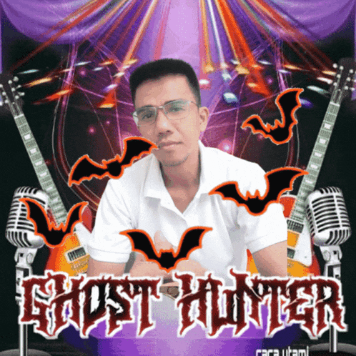 a man stands in front of a poster that says ghost hunter on it