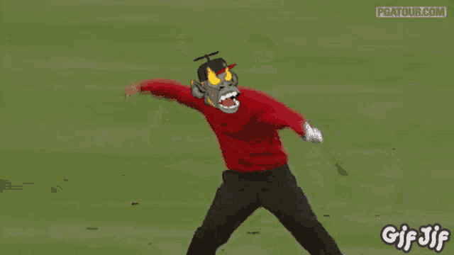 a cartoon of a man in a red shirt with a gorilla mask on his head holding a golf club .