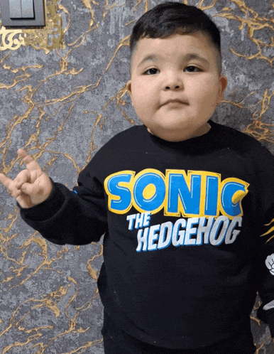 a young boy wearing a black sonic the hedgehog sweatshirt