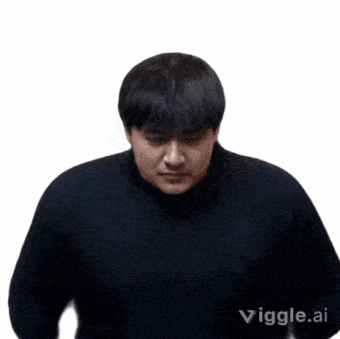 a man wearing a black turtleneck sweater is looking down with a white background behind him that says vigge.ai