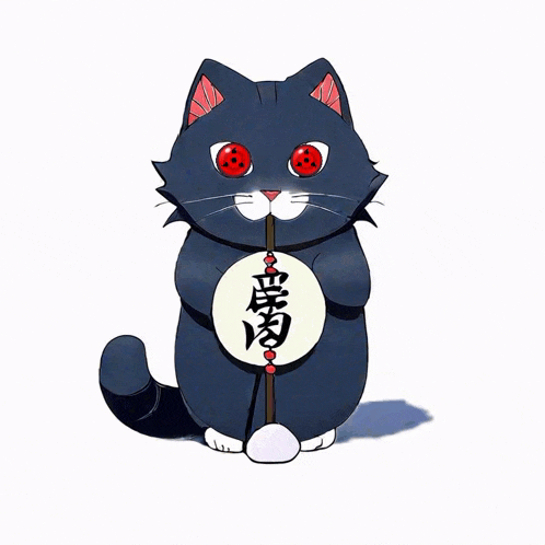 a black cat with red eyes is holding a white circle with chinese characters on it