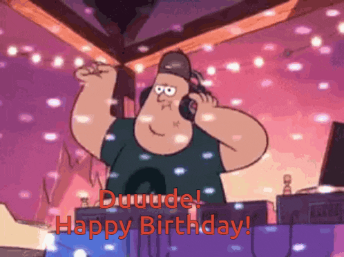 a cartoon character is wearing headphones and saying happy birthday .