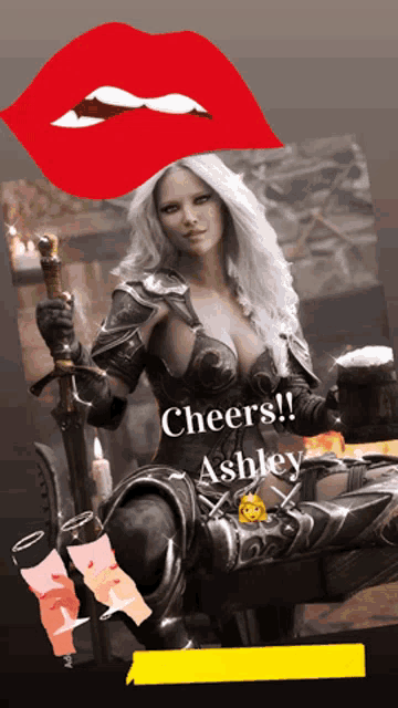 a woman in armor holding a sword and a beer mug with cheers ashley written on the bottom