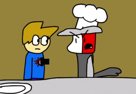 a cartoon of a boy holding a plate next to a cartoon character with a chef hat on