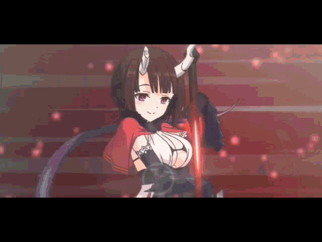 a girl in a red cape is holding a red sword