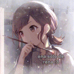 a girl is holding a brush in front of her face and the name rena is on the bottom right corner