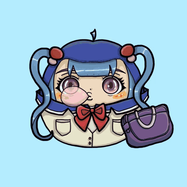 a cartoon of a girl blowing a bubble and holding a purse