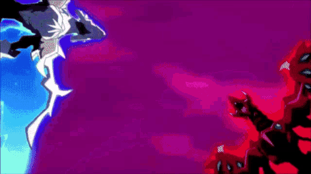 a blue and a red monster are fighting each other