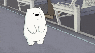 a cartoon polar bear standing on a sidewalk next to chairs