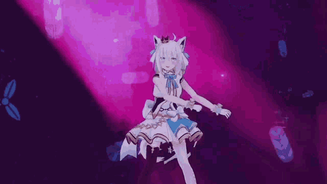 a 3d anime girl is dancing on a pink background .