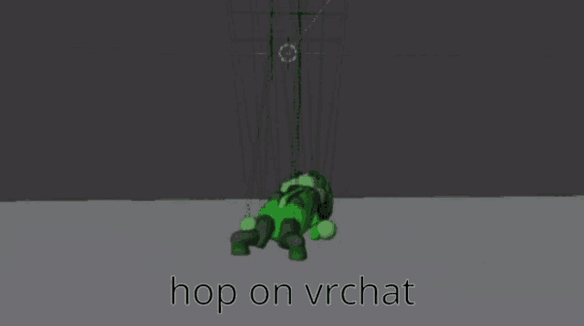 a 3d model of a green cartoon character with the words hop on vrchat below it