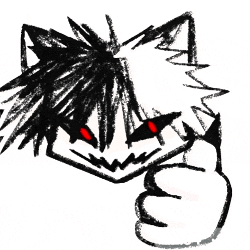 a black and white drawing of a cartoon character with red eyes