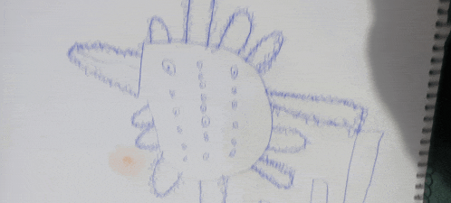 a child 's drawing of a turkey with a blue pen