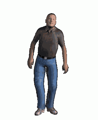 a man in a grey shirt and blue jeans is dancing