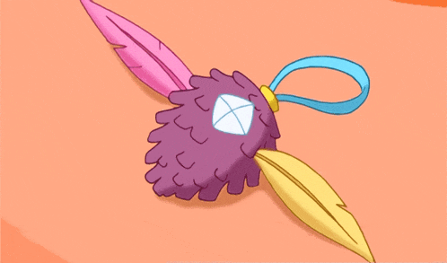 a cartoon drawing of a pine cone with feathers and a ribbon