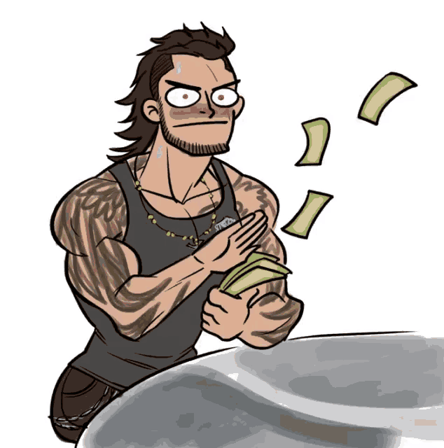 a cartoon drawing of a man holding money