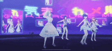 a group of anime girls are dancing on a stage in front of a neon sign that says game