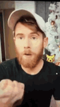 a man with a beard wearing a baseball cap and a black shirt is standing in front of a christmas tree .