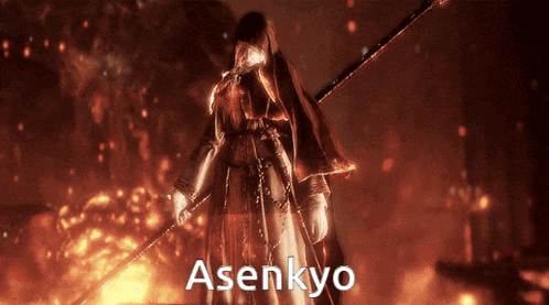 a video game character named asenkyo is holding a long sword