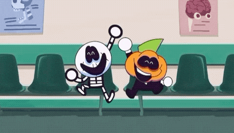 a skeleton and a pumpkin are sitting next to each other on a bench in a waiting room .