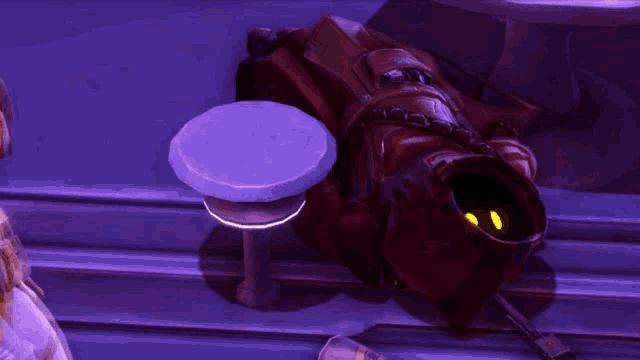 a video game character is laying on the ground with a purple background