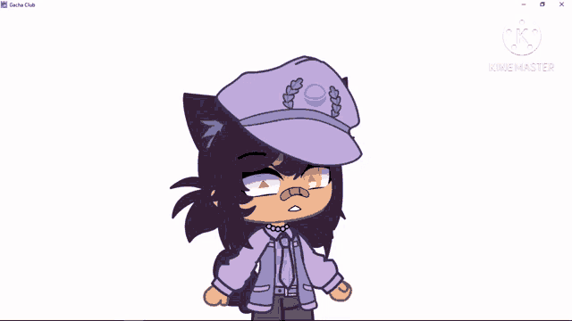 a gacha club character wearing a purple hat and a purple jacket