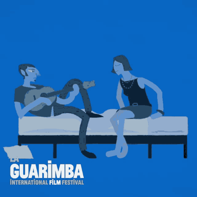 a poster for the guarimba international film festival features a man playing a guitar and a woman sitting on a bed