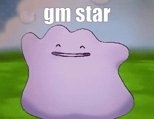 a purple cartoon character with the words gm star written on it