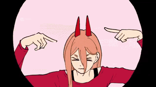 a cartoon of a girl with horns pointing to herself