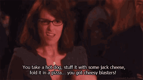 a woman says you take a hot dog stuff it with some jack cheese fold it in a pizza ... you got cheesy blasters !