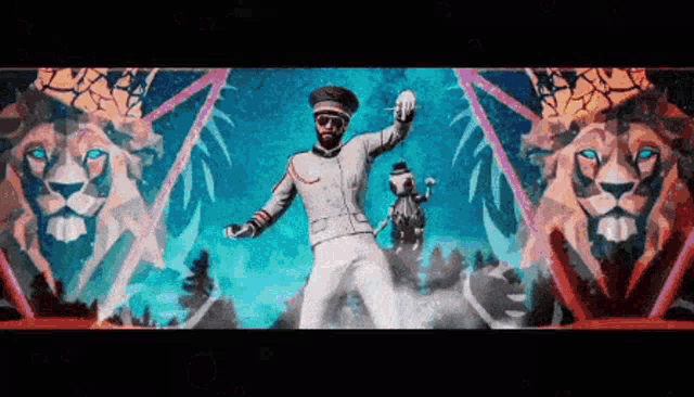 a man in a white uniform is dancing in front of a lion