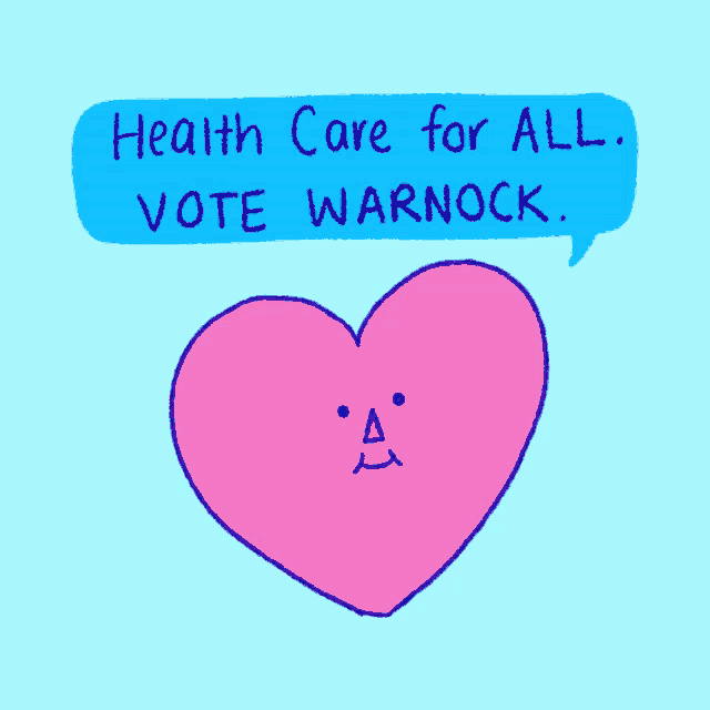 a pink heart with a face and a speech bubble that says health care for all vote warwick
