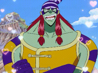 a cartoon character with red hair and a purple hat is smiling