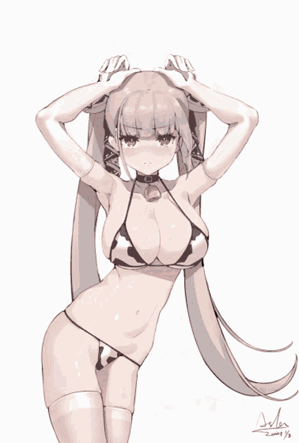 a drawing of a girl in a bikini with a bell around her neck and the year 2001 on the bottom
