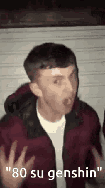 a man in a red jacket is making a funny face and says " 80 su genshin "
