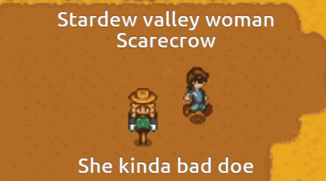 stardew valley woman scarecrow she kinda bad doe is written on a video game screen