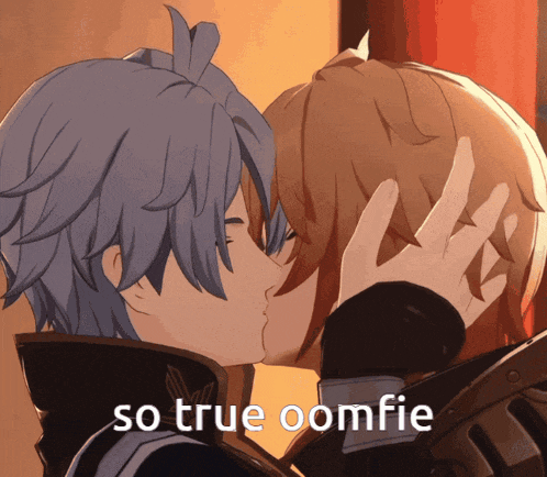 a couple of anime characters kissing with the words so true oomfie below them