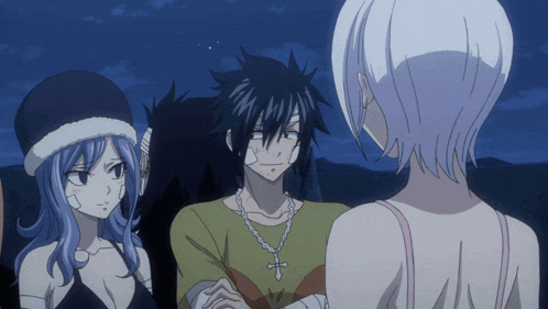 a group of anime characters are standing next to each other and one of them is wearing a necklace with a cross on it