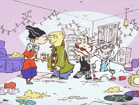 a group of cartoon characters are standing in a messy room ..