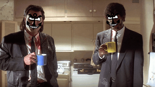 two men in suits drinking coffee in a kitchen with their faces painted