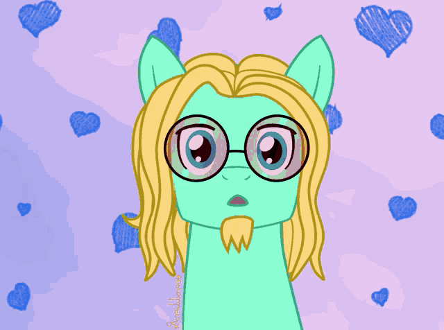 a cartoon drawing of a pony with long blonde hair and glasses