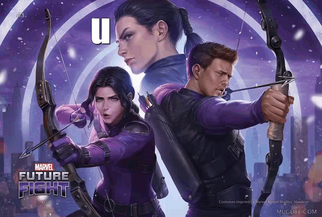 a poster for the marvel future fight shows a man and a woman holding bows and arrows